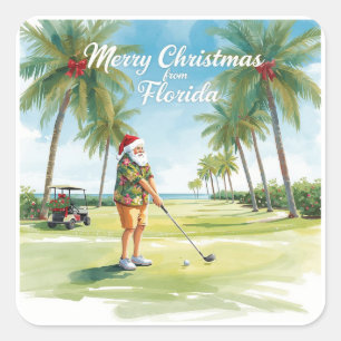 Sticker Carré Floride Golf Joyeux Noël avec le Père Noël