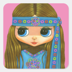 Sticker Carré Flower Power Hippie Chick Headband Big Eyes mignon