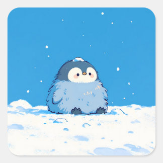 Sticker Carré Fluffy Penguin Sitting in Winter Snow