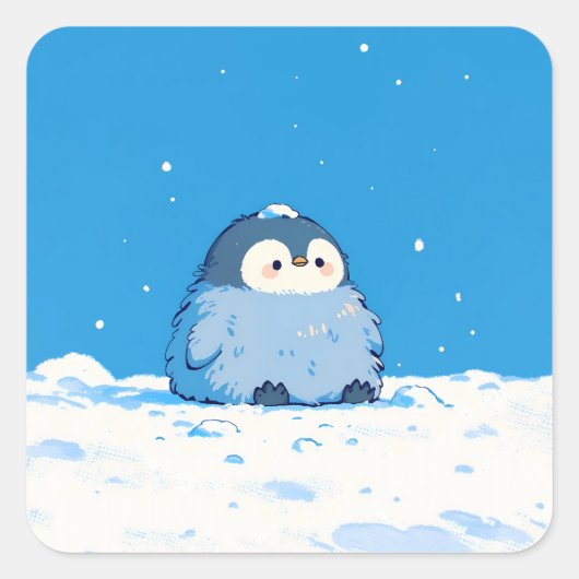 Sticker Carré Fluffy Penguin Sitting in Winter Snow (Devant)