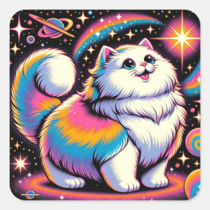 Sticker Carré Fluffy White Chat dans l'espace