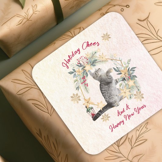 Sticker Carré Foliing Gold Snowflakes Fun Chat Nouvel An Noël