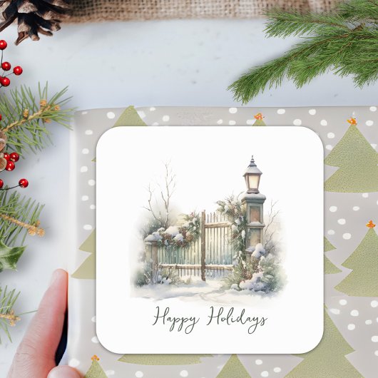 Sticker Carré Folioles vertes personnalisées Berries neige hiver