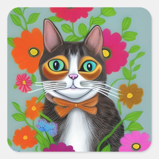 Sticker Carré Folk Art drôle Chat avec Fleurs rouges (Devant)