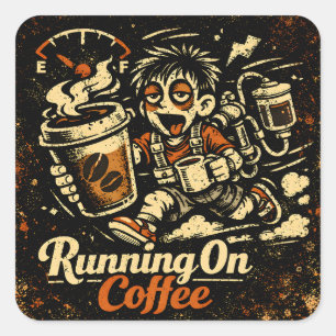 Sticker Carré Fonctionne Au Café – Humour Caféiné De Survie