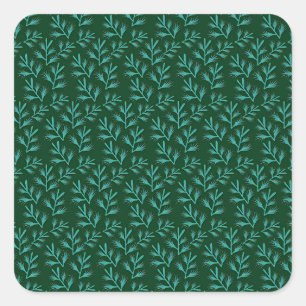 Sticker Carré Fond vert foncé avec feuilles botaniques sarcelle