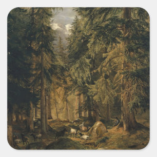 Sticker Carré Forêt dans les Hautes Montagnes avec troupeau de c
