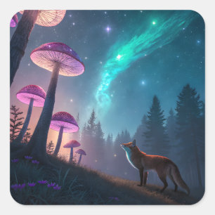 Sticker Carré Forêt de renard fantaisiste aux champignons lumine