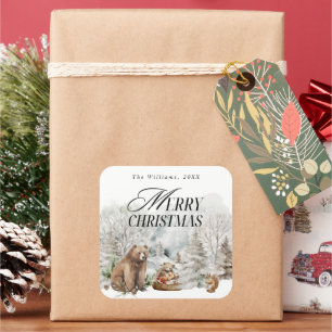 Sticker Carré Forêt d'hiver Elégante aquarelle Joyeux Noël