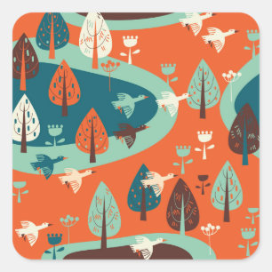 Sticker Carré Forêt d'oies : Scène Vintage de la nature