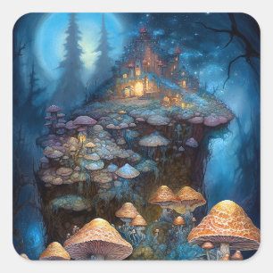 Sticker Carré Forêt enchantée Champignons Château Imaginaire Art