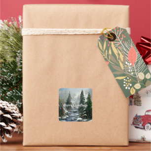 Sticker Carré Forêt hivernale Rivière de Noël de campagne