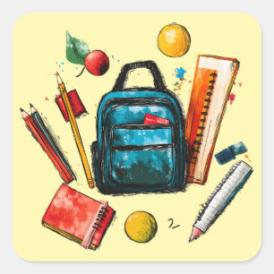 Sticker Carré Fournitures colorées de rentrée scolaire pour les