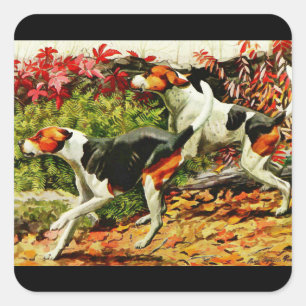 Sticker Carré Foxhounds (anglais et américain) en bois d'automne