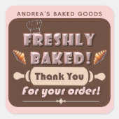 Sticker Carré Fraîchement cuits Brown et Pink Bakery Merci migno (Devant)