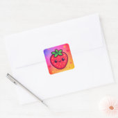 Sticker Carré Fraise Kawaii souriante sur Pastel Gradient Backg (Enveloppe)