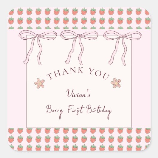 Sticker Carré Fraises d'été Merci de ruban rose (Devant)