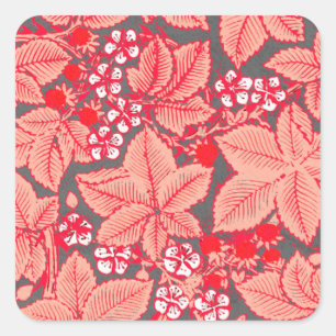 Sticker Carré Fraises et Feuilles Art Nouveau, Coral Orange