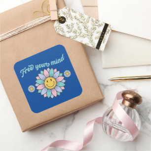 Sticker Carré FREE YOUR MIND funny 70's typography design flower