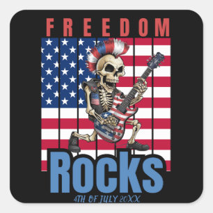 Sticker Carré Freedom Rocks Squelette avec guitare drapeau améri