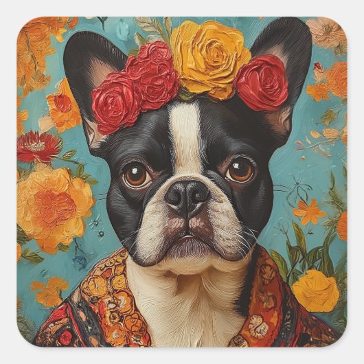 Sticker Carré French Bulldog comme Frida Kahlo (Devant)
