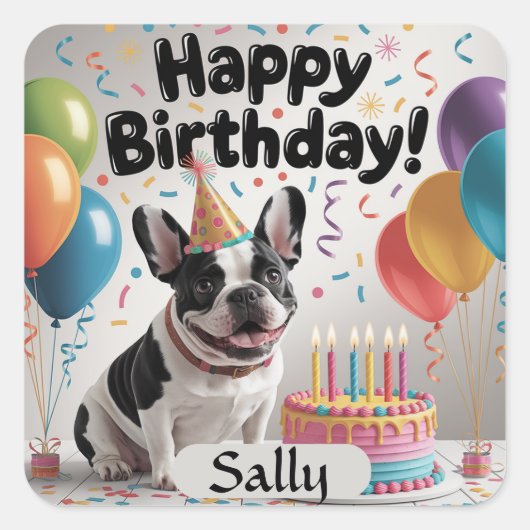 Sticker Carré French Bulldog Joyeux anniversaire (Devant)