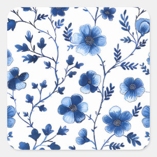 Sticker Carré French Cottagecore Blue Floral Pattes Tissu Pap