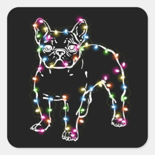Sticker Carré Frenchie avec les lumières de Noël Joyeux Noël