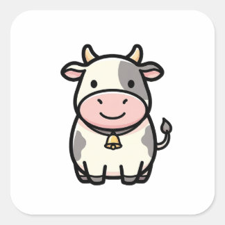 Sticker Carré Friendly Cow – Cute Kawaii Animal Illustration