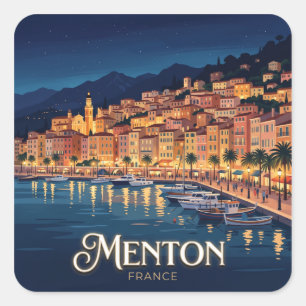 Sticker Carré Front de mer de Menton la nuit France
