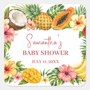 Sticker Carré Fruits Tropicaux Ananas Baby Shower Hawaïen