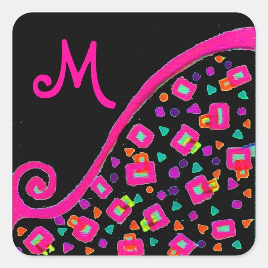 STICKER CARRÉ FUCHSIE ROSE NOIR DÉCO MONOGRAM ABSTRAIT (Devant)