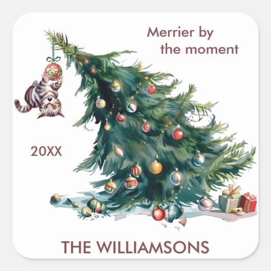 Sticker Carré Fun Christmas Tree Dangereux Photo de chat (Devant)