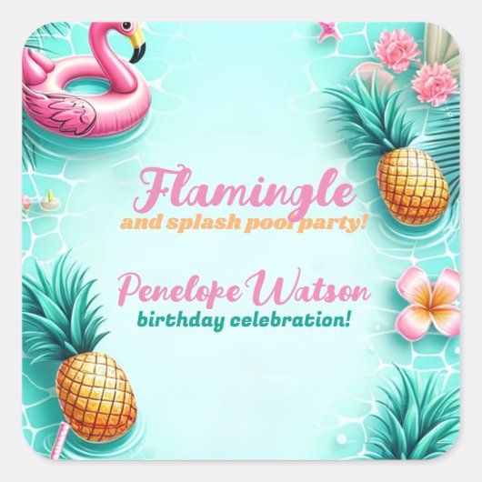 Sticker Carré Fun Flamant rose et ananas Summer Pool Party (Devant)
