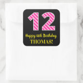 Sticker Carré Fun Pink Stripes "12" : Joyeux 12ème anniversaire  (Sac)