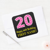 Sticker Carré Fun Pink Stripes "20" : Joyeux 20e anniversaire +  (Enveloppe)
