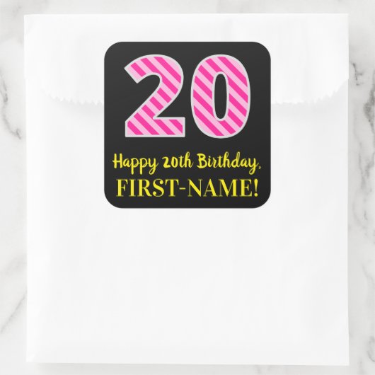 Sticker Carré Fun Pink Stripes "20" : Joyeux 20e anniversaire +  (Sac)