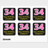 Sticker Carré Fun Pink Stripes “34”: Happy 34th Birthday + Name (Feuille)