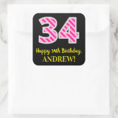 Sticker Carré Fun Pink Stripes “34”: Happy 34th Birthday + Name (Sac)