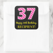 Sticker Carré Fun Pink Stripes “37”: Happy 37th Birthday + Name (Sac)