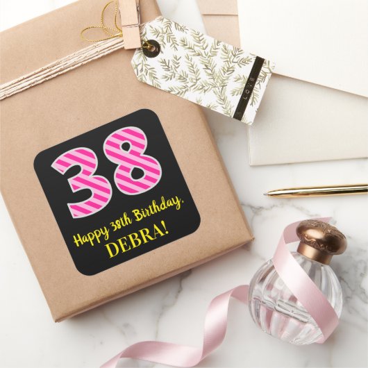 Sticker Carré Fun Pink Stripes “38”: Happy 38th Birthday + Name (Cadeaux)