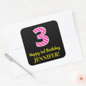 Sticker Carré Fun Pink Stripes "3" : Joyeux 3ème anniversaire +  (Enveloppe)