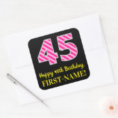 Sticker Carré Fun Pink Stripes “45”: Happy 45th Birthday + Name (Enveloppe)