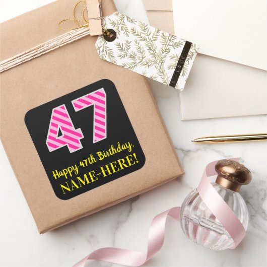 Sticker Carré Fun Pink Stripes “47”: Happy 47th Birthday + Name (Cadeaux)