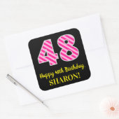 Sticker Carré Fun Pink Stripes “48”: Happy 48th Birthday + Name (Enveloppe)