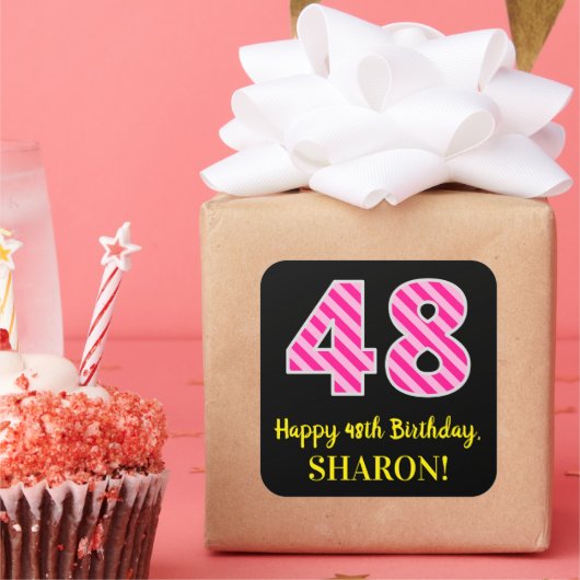 Sticker Carré Fun Pink Stripes “48”: Happy 48th Birthday + Name (Fête)