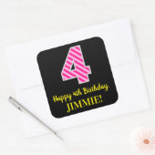 Sticker Carré Fun Pink Stripes "4" : Joyeux 4ème anniversaire + (Enveloppe)