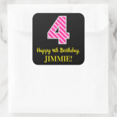Sticker Carré Fun Pink Stripes "4" : Joyeux 4ème anniversaire + (Sac)