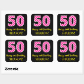 Sticker Carré Fun Pink Stripes "50" : Joyeux 50ème anniversaire (Feuille)