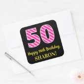 Sticker Carré Fun Pink Stripes "50" : Joyeux 50ème anniversaire (Enveloppe)